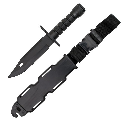 DUMMY M9 KNIFE/BAYONET, The Snow Wolf Dummy Knife/Bayonet M9 in Black is a non-functional replica accessory built entirely from lightweight polymer materials, offering the appearance of a classic M9 field knife without added weight or sharp edges